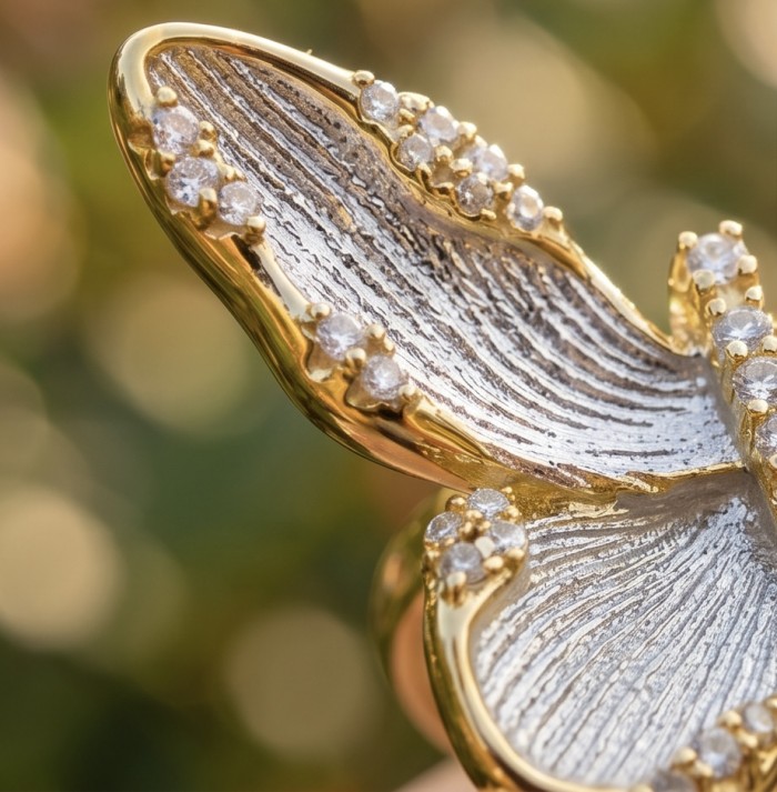 Golden Butterfly White Topaz highly polished 18K Gold over .925 Sterling Silver Italy made ring s. 7 - Close-up of Golden Butterfly with White Topaz in 18K Gold over.