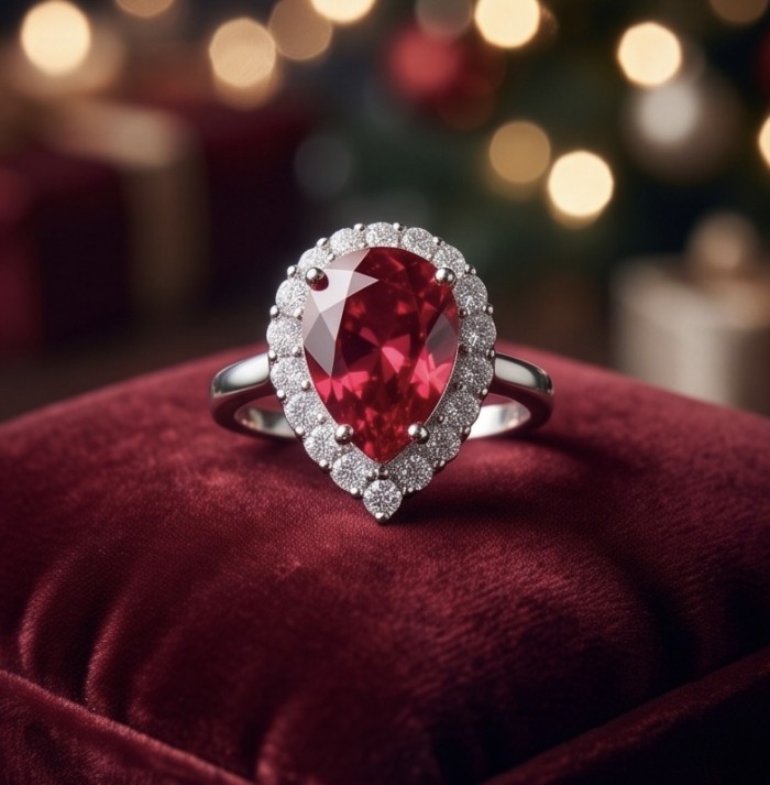 Giuseppina - Magnificent 4.7 carat authentic Ruby rhodium over .925 Sterling Silver handcrafted Statement Ring size 8 - Ruby ring close-up on velvet with festive background lighting