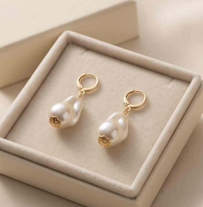 Baroque style Precious natural Mother of Pearl Golden handcrafted earrings - photo 2