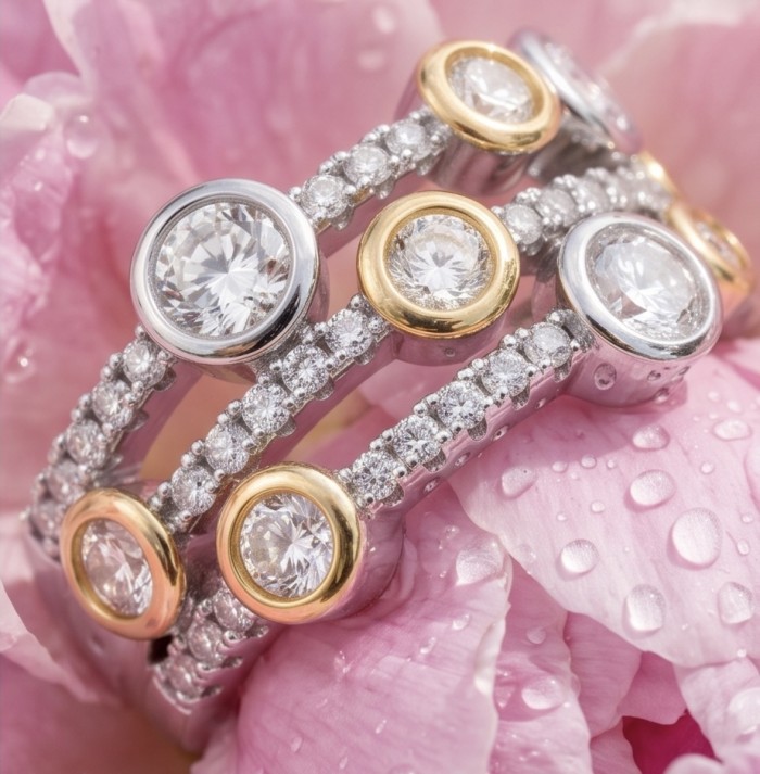 Aphrodite - 1.8 carat White Topaz two tones .925 Sterling Silver handcrafted ring size 7 3/4 - Close-up of Aphrodite rings, white topaz on pink petals, two-tone sterling.