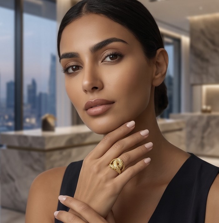Dubai Style - Golden knot - .925 Sterling Silver dipped in 22K Gold handmade Large ring size 6 1/4 - Woman wearing "Dubai Style" golden knot ring close-up.