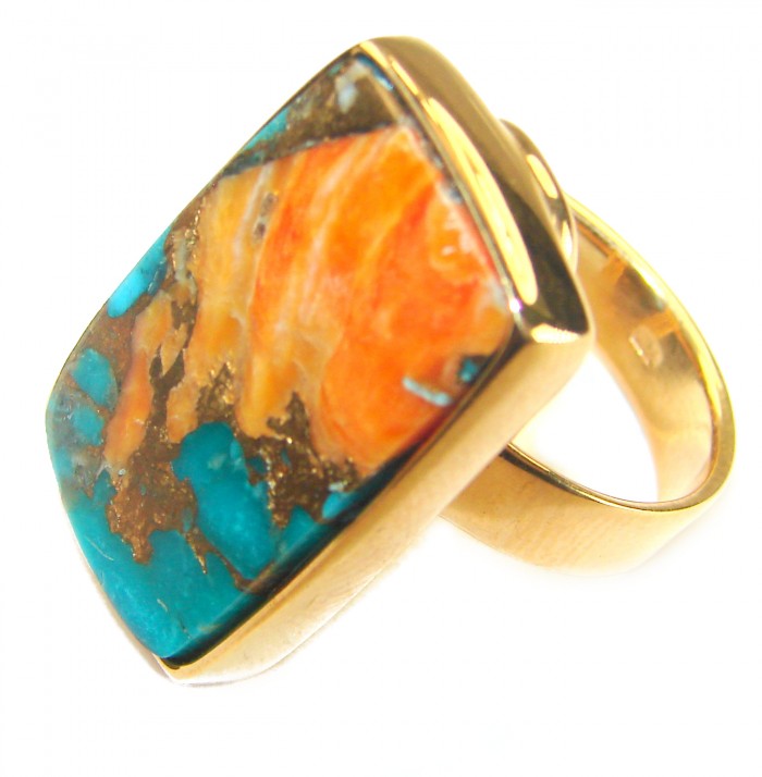 Rare 20.5 carat Oyster Turquoise 18K Gold over .925 Sterling Silver handcrafted Large ring; s. 7 adjustable - Close-up of rare 20.5 ct Oyster Turquoise ring in 18K gold over sterling