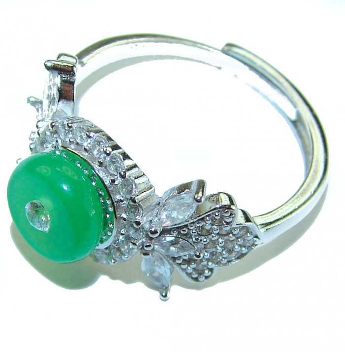 Good Fortune - Vintage Style 4.9 carat Jade .925 Sterling Silver handmade Cocktail Ring s. 7 adjustable - Side view of vintage style sterling silver ring with jade stone.