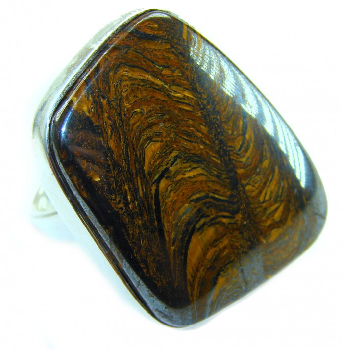 Large 32.5 carat Silky Golden Pietersite .925 Sterling Silver handmade Ring size 8 adjustable - Stone close-up of large 32.5 carat Silky Golden Pietersite ring.