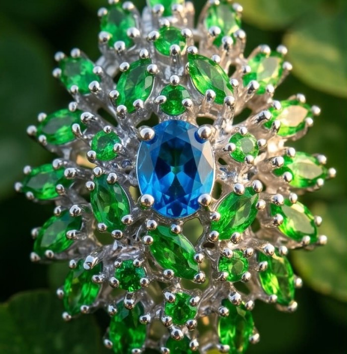 Fiammetta oval cut 4.2 carat Paraiba Tourmaline Tsavorite Garnet .925 Sterling Silver entirely handmade earrings - Close-up of Fiammetta jewelry with blue Paraiba and green Tsavorites.