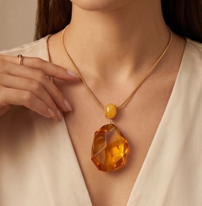 Wonderful Perfection real faceted Elegant Genuine Golden Baltic Amber 22K Gold over .925 Silver handcrafted Necklace - Necklace with large amber stone worn on model's neck, close-up view.