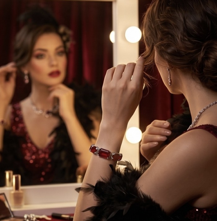 Bella Rosa - Magnificent 152.4 carat authentic Ruby .925 Sterling Silver handcrafted Bracelet - Worn on wrist, woman adjusting hair, ruby bracelet in dressing room ambiance.