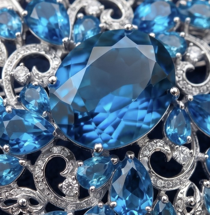 An exuberantly Large 70.2 grams Vintage style Swiss Blue Topaz .925 Sterling Silver DIPPED IN RHODIUM handmade LARGE Pendant - Brooch - Close-up of vintage style Swiss Blue topaz stones in intricate setting