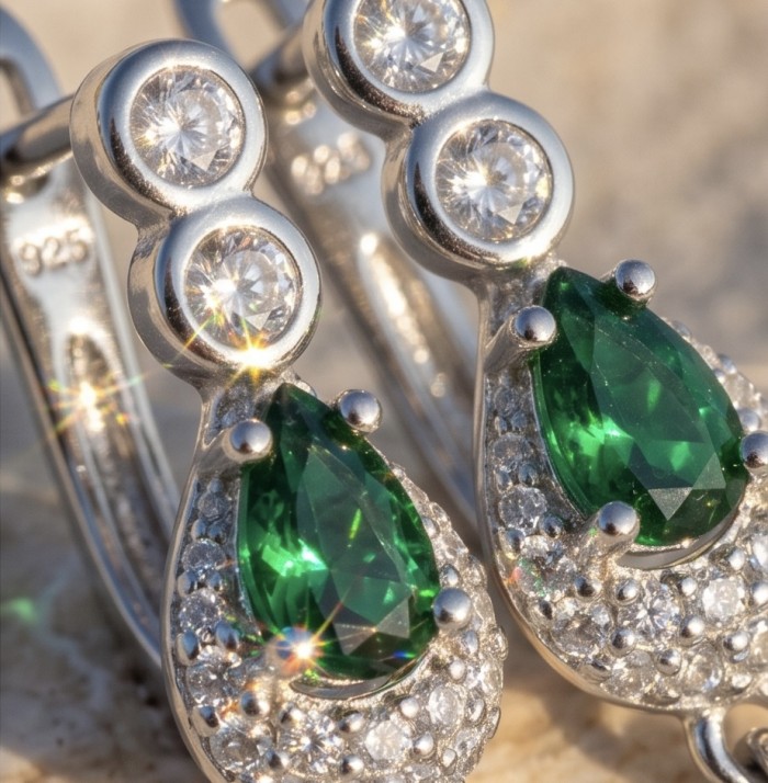 Isabella 2.5 carat emerald cut Colombian Emerald .925 Sterling Silver Perfectly handcrafted earrings - Close-up of emerald and diamond earrings in sterling silver setting.
