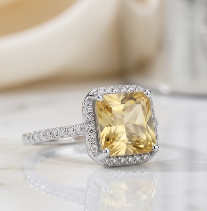 Splendid ASSHER cut 7.2 carat yellow Sapphire .925 Sterling Silver brilliantly handcrafted ring s. 7 1/4 - Side view of yellow sapphire ring, ASSHER cut, with diamond accents.