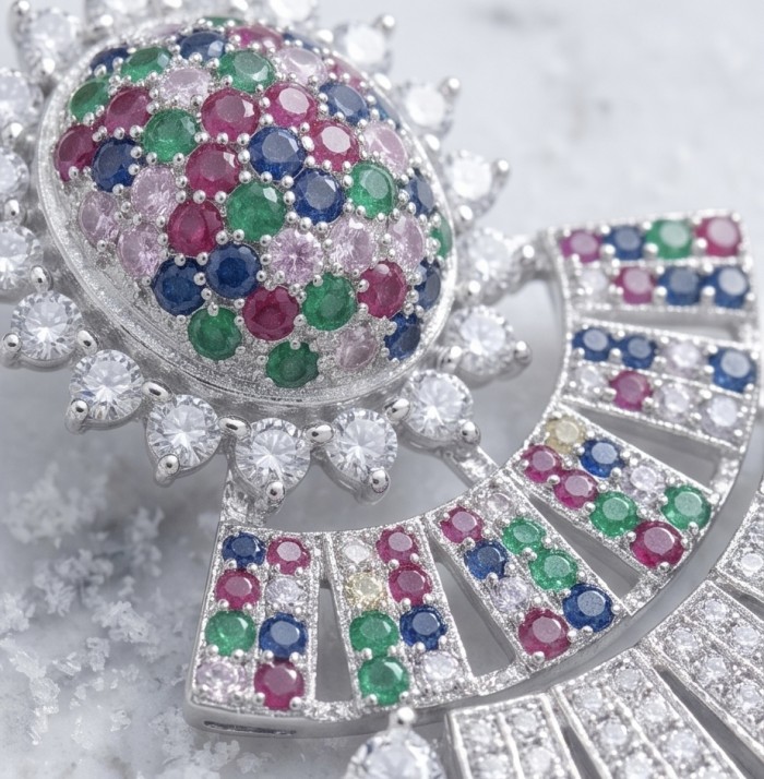Authentic 10.7 carat Sapphire Ruby Emerald Rhodium over .925 Sterling Silver handcrafted Statement earrings - Stone close-up of multicolored sapphire, ruby, and emerald jewelry