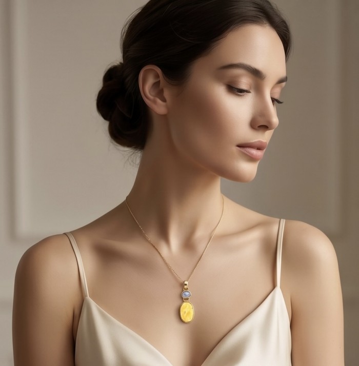 Prehistoric Authentic Golden Butterscotch Baltic Amber 18K Gold over .925 Sterling Silver beautifully handcrafted Pendant - Worn on model: Golden Butterscotch Baltic Amber 18K Gold Necklace.