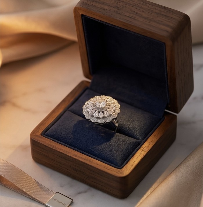 Giovanna - Precious 14.5 carta White Topaz rhodium over .925 Sterling Silver Statement ring size 7 1/2 - Ring in wooden box, top view; white topaz centerpiece with halo setting.
