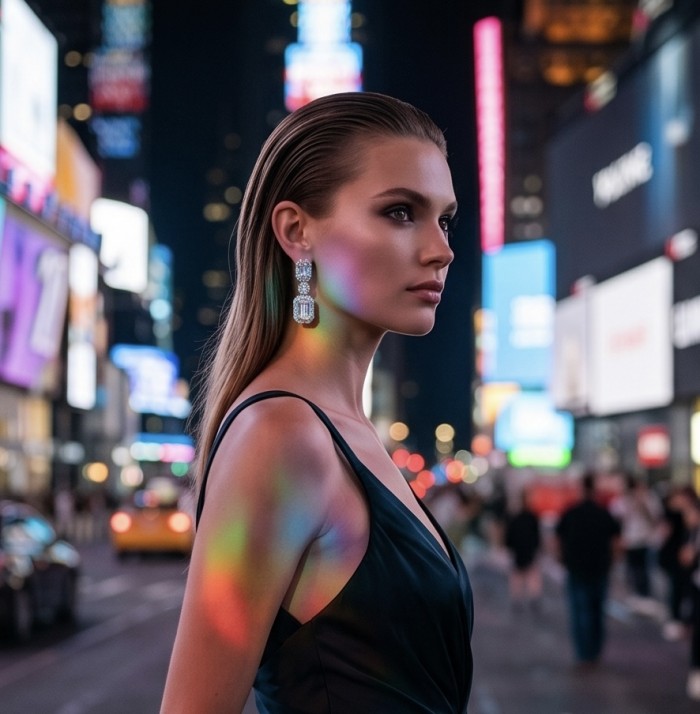 Mademoiselle 8.9 carat Moissanite .925 Sterling Silver Statement earrings - Side view: Woman wearing Mademoiselle earrings at night in city lights.