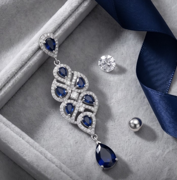 Born to Glam 4.2 carat natural Sapphire .925 Sterling Silver Perfectly handcrafted Pendant - Elegant Sapphire silver pendant, top view detail in a gray box.