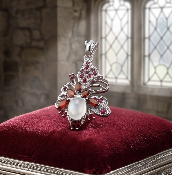 Vintage Beauty 12.9 carat ROSE QUARTZ 18K Gold over .925 Sterling Silver handcrafted pendant - Ornate pendant with stones on a velvet cushion in castle setting.