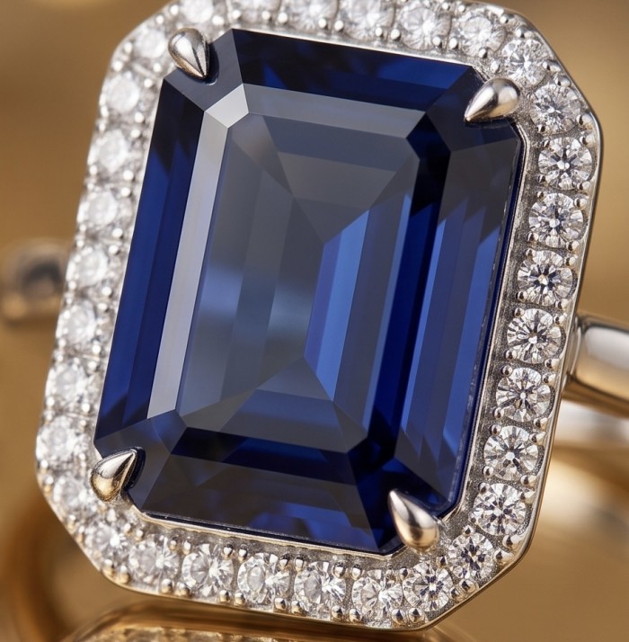 Stella emerald cut 4.5 carat Sapphire .925 Sterling Silver handmade Statement ring size 6 - Close-up of emerald cut sapphire ring with diamond halo detailing.