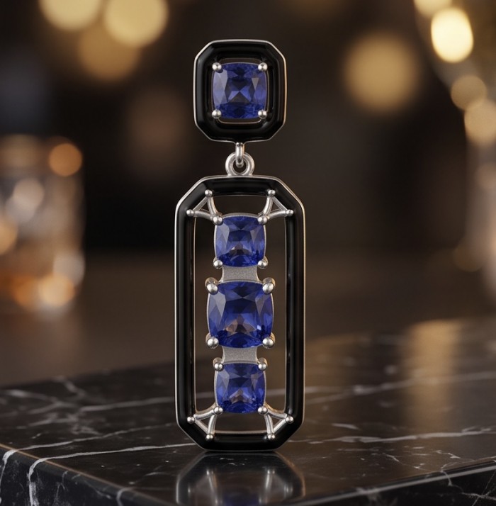 8.5 carat Art Deco Sapphire black enamel .925 Sterling Silver handcrafted Pendant - Art Deco sapphire earring, front view on marble surface.