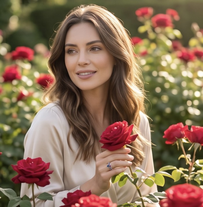 Blooming Garden 3.8 carat Mozambique Ruby Aquamarine rhodium over .925 Sterling Silver handmade Statement Ring size 8 - Woman wearing Blooming Garden ring, surrounded by red roses.