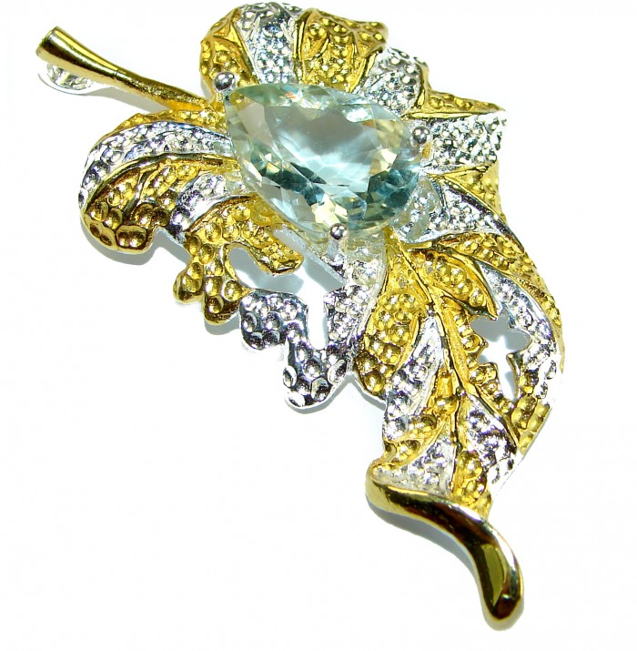 Precous Leaf Genuine Green Amethst 18K Gold over .925 Sterling Silver handcrafted Statement pendant - Leaf brooch with green amethyst in gold and silver, top view.