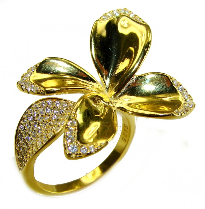 Lotus flower White Topaz highly polished 18K Gold over .925 Sterling Silver Italy made ring s. 7 adjustable - Gold lotus flower ring with white topaz stones, top view.