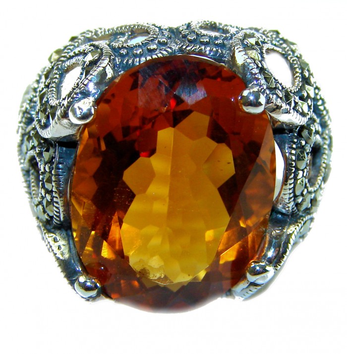 Celestial Energy Natural 22.4 carat GOLDEN Topaz Marcasite .925 Sterling Silver handmade Large Statement Ring size 8 - Close-up of Celestial Energy Topaz Marcasite ring's gemstone and setting