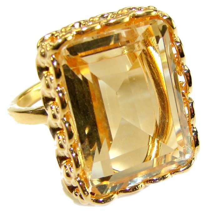29.8 carat Genuine Lemon Quartz 14K Gold over .925 Sterling Silver handcrafted ring size 7 1/4 - Close-up of 29.8 carat lemon quartz ring with 14K gold over sterling.