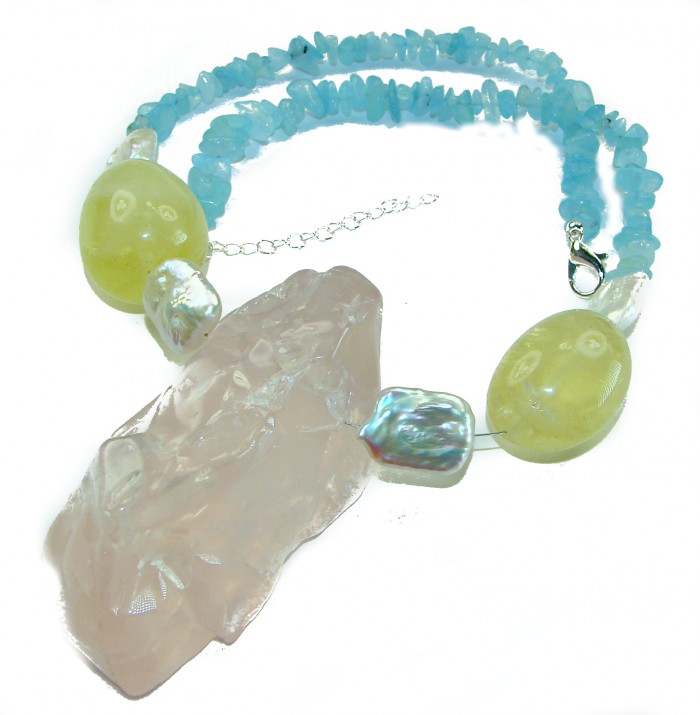 Bochic style Outstanding 288.8 carat Brazilian Rose Quartz .925 Sterling Silver handcrafted Statement necklace; 190.8 grams - Necklace with large rose quartz and blue stone beads, frontal view.