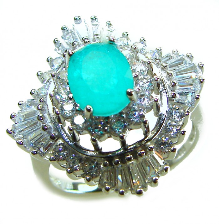 Vintage style - Timless Beauty - 3.5 carat Colombian Emerald 7.1 carat White Topaz .925 Sterling Silver handcrafted Statement Ring size 7 1/4 - Close-up of vintage ring with 3.5 carat Colombian emerald and diamonds.
