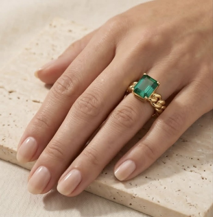 4.9 carat natural Colombian Emerald .925 Sterling Silver handmade Statement Ring size 7 - 4.9 carat Colombian emerald ring worn on hand, gold band detail.