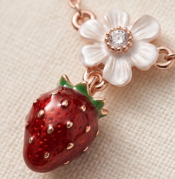 Strawberry - Enamel 14K Rose Gold over .925 Sterling Silver .925 Sterling Silver Necklace - Strawberry pendant detail, 14K rose gold over sterling silver.
