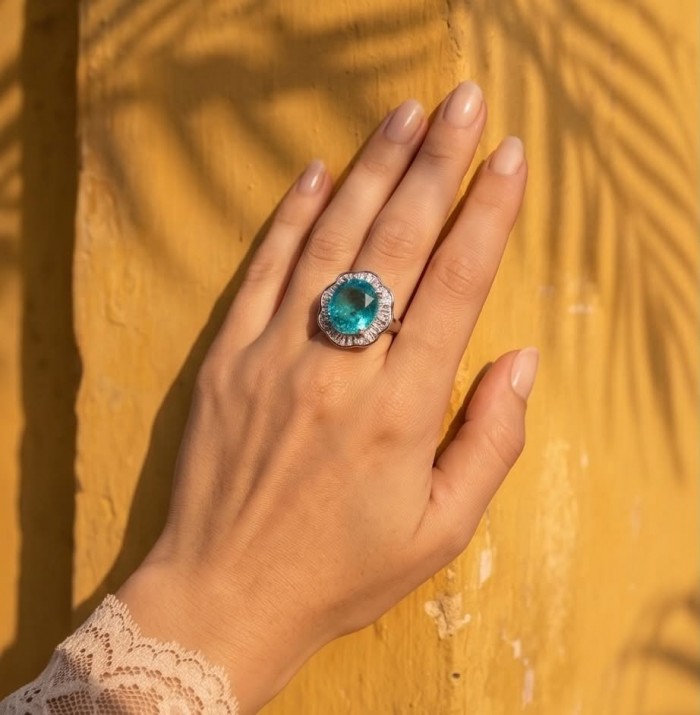 ART DECO Deep Blue 22.8 carat Paraiba Tourmaline .925 Sterling Silver handcrafted ring size 6 - Paraiba Tourmaline ring worn on hand, yellow background.