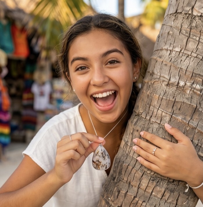 Deluxe 35.2 carat Scentic Agate .925 Sterling Silver handmade Pendant - Woman wearing Scenic Agate necklace against a palm tree backdrop.