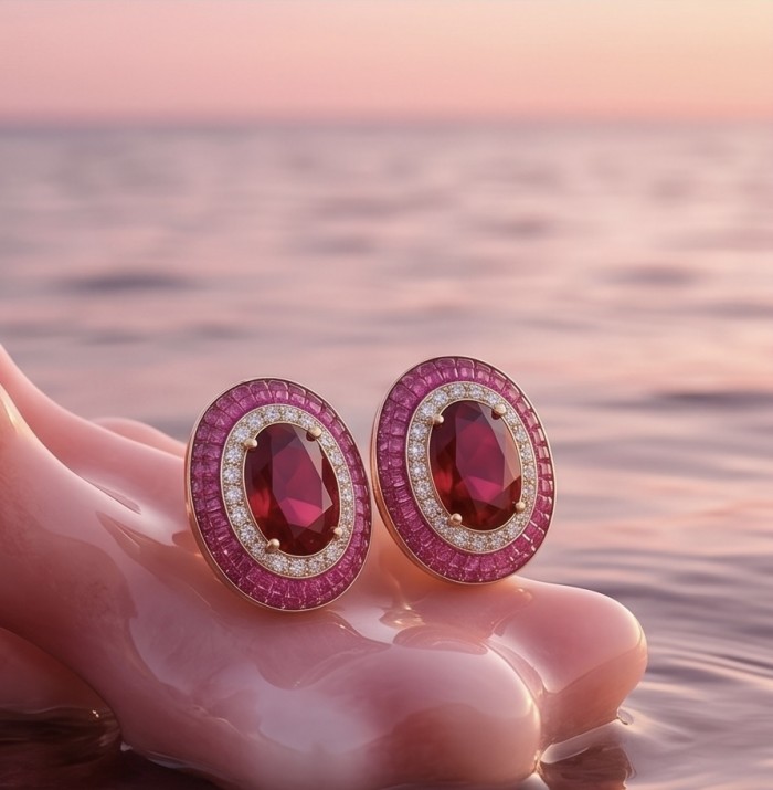Precious - Art Deco 10.2 carat Ruby .925 Sterling Silver handmade earrings - Close-up of Art Deco ruby earrings against a serene ocean backdrop.