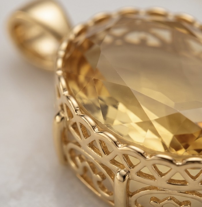 Perfection Oval cut 30.3 carat Lemon Quartz 18K Gold over .925 Sterling Silver handcrafted LARGE pendant - Close-up of Lemon Quartz in 18K Gold setting.