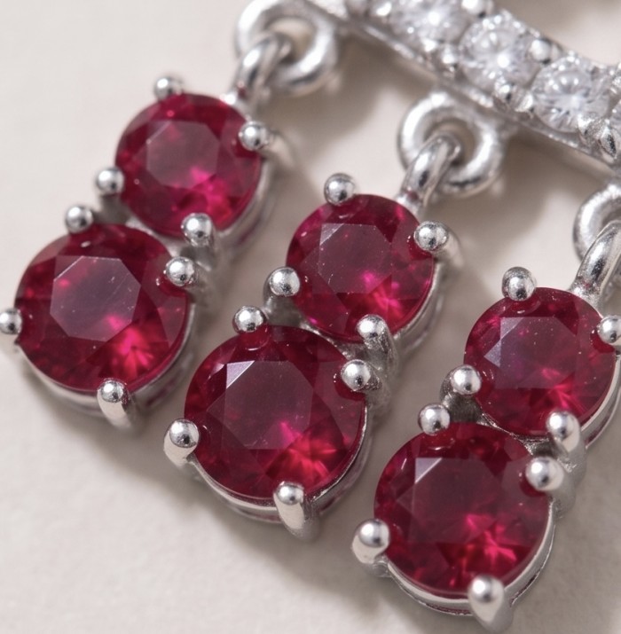 Precious - Art Deco 8.2 carat Ruby rhodium over .925 Sterling Silver handmade earrings - Ruby stone close-up with silver prong settings