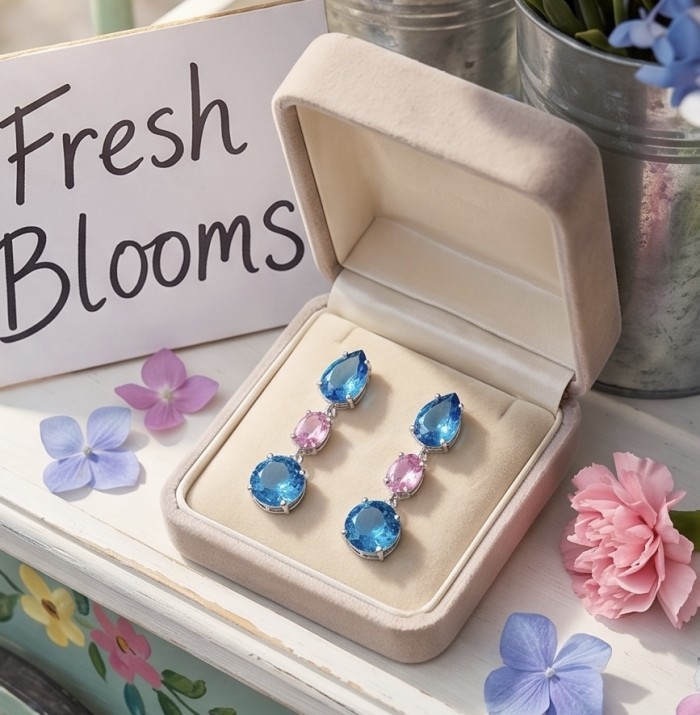 Exquisite 24.7 carat Swiss Blue Topaz rhodium over .925 Sterling Silver Handcrafted Statement earrings - Top view of Swiss Blue Topaz earrings in open box with flowers.