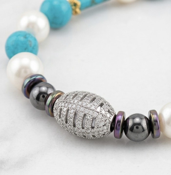 Luxurious Design genuine Turquoise Marcasite .925 Sterling Silver handcrafted Necklace - Close-up of turquoise and marcasite sterling silver bracelet.