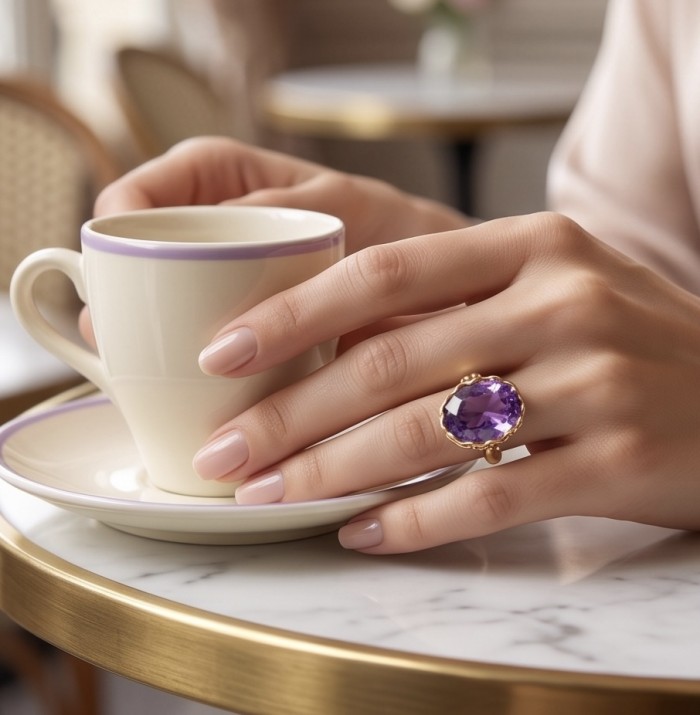 Lavender Love 15.5 carat natural Amethyst 18K Gold over .925 Sterling Silver Handcrafted Ring size 8 - Amethyst ring worn on hand, 15.5 carat, 18K gold over .925 silver.