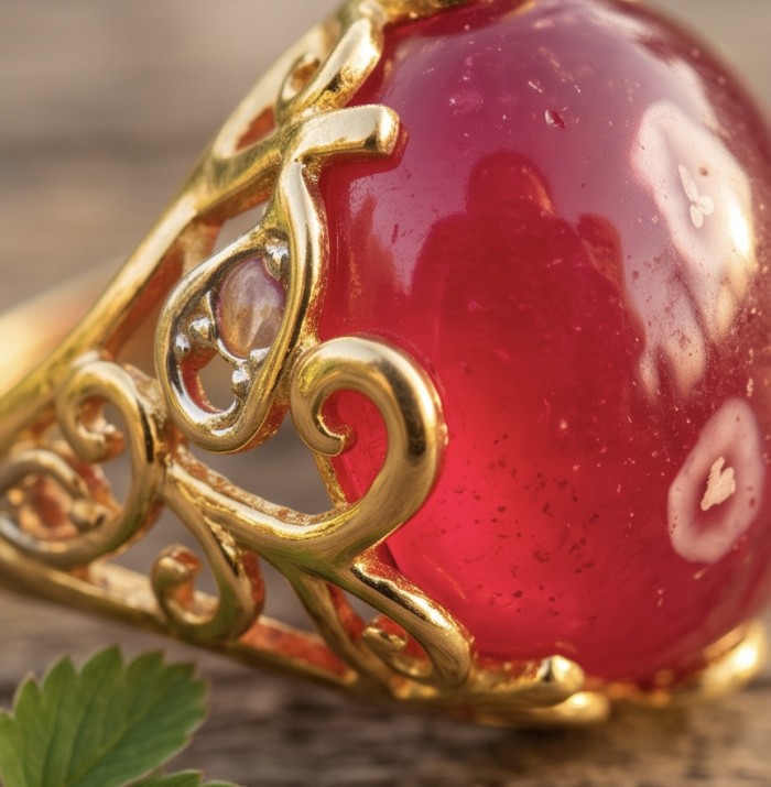 Giovanna 16.6 carat Kashmir Ruby .925 Sterling Silver dipped in 22K Gold handmade Statement Ring size 7 - Close-up of ornate ruby ring with gold detailing.