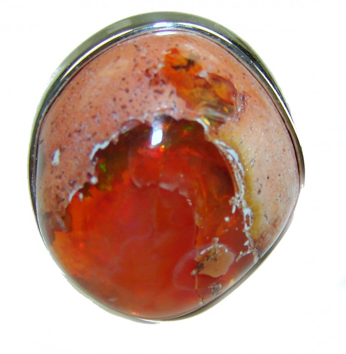 Orange Galaxy best quality 26.4 carat Mexican Opal .925 Sterling Silver handmade ring 7 - Close-up of Orange Galaxy Mexican Opal stone in .925 sterling silver setting