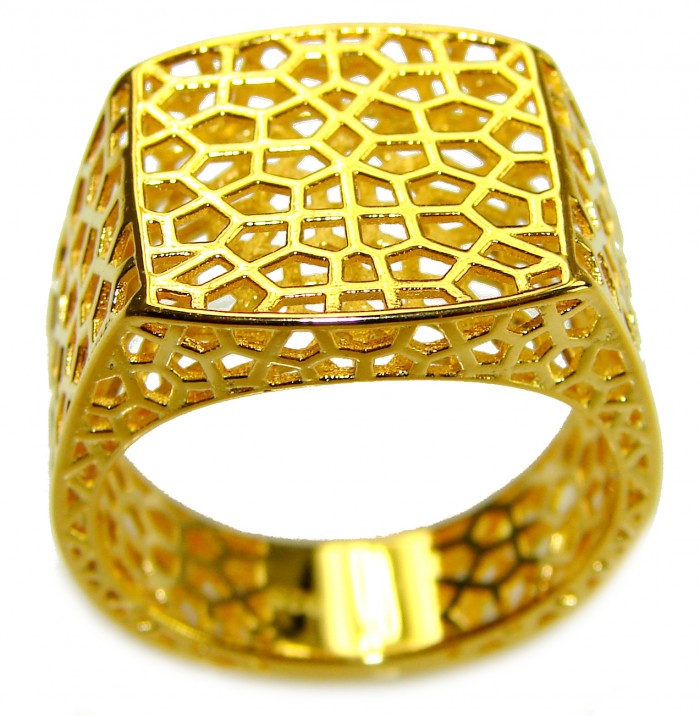 Dubai Style - Golden Signet .925 Sterling Silver dipped in 22K Gold handmade Large ring size 8 - Golden signet ring with geometric design, side angle view.