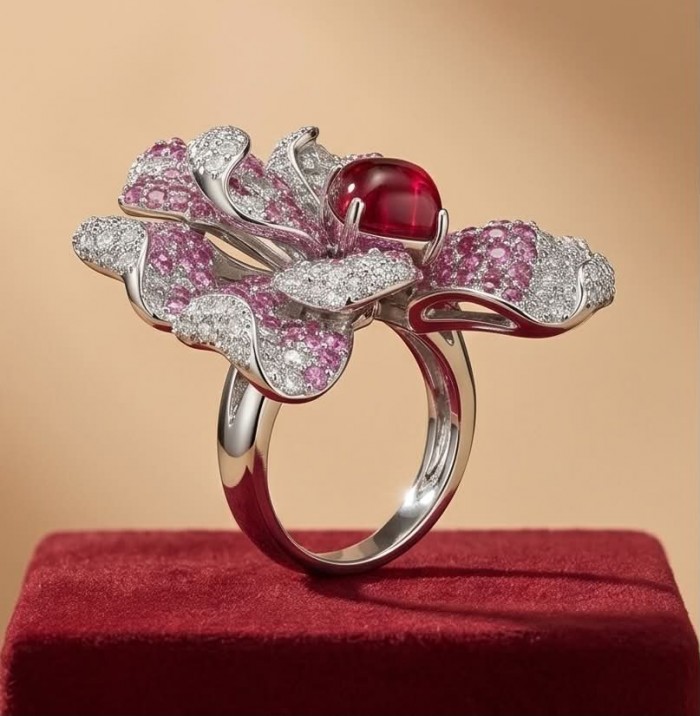 Wild Hibiscus 34.2 carat authentic Mozambique Ruby White Sapphire .925 Sterling Silver handcrafted Statement Ring size 6 - Side view of hibiscus-shaped ring with ruby and diamonds on red base.