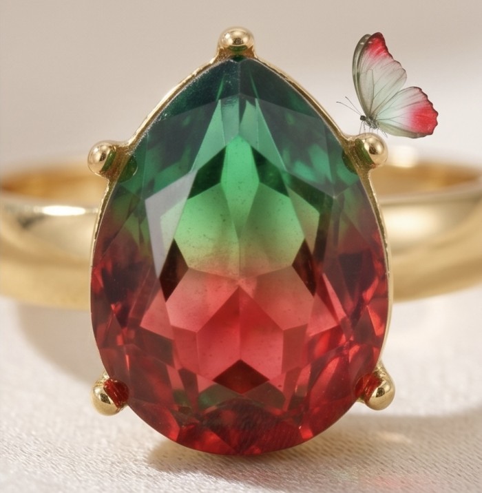8.8 carat Brazilian Tourmaline .925 Sterling Silver dipped in 18K Gold Perfectly handcrafted Ring s. 8 adjustable - Close-up of a Brazilian Tourmaline ring with butterfly detail
