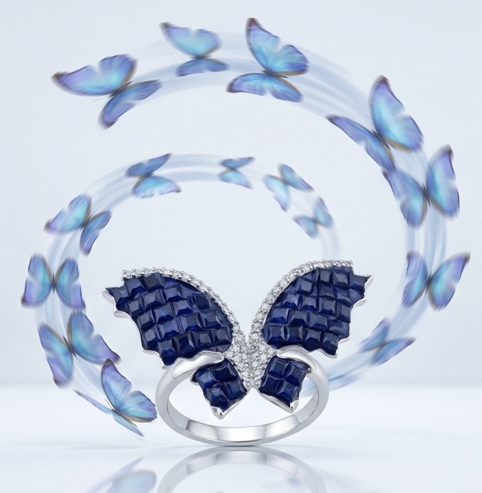 Blue Butterfly Authentic mystery setting 10.2 carat Sapphire .925 Sterling Silver handcrafted Ring size 7 - Blue butterfly ring front view with swirling blue butterflies design