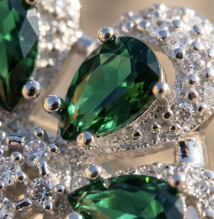 Giovanna - Authentic 10.9 carat Colombian Emerlad .925 Sterling Silver Silver dipped in Rhodium handcrafted Ring size 8 - Close-up of Colombian emerald with diamond accents on .925 sterling silver.