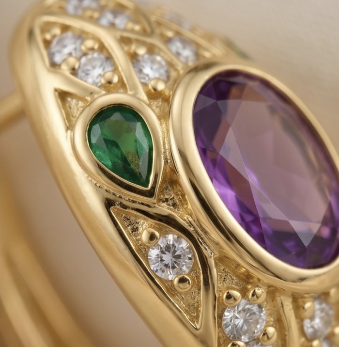 Seducer - Cobra 4.8 carat Amethyst 22K Gold over .925 Sterling Silver handcrafted earrings - Close-up of Cobra ring with amethyst and gems in gold setting