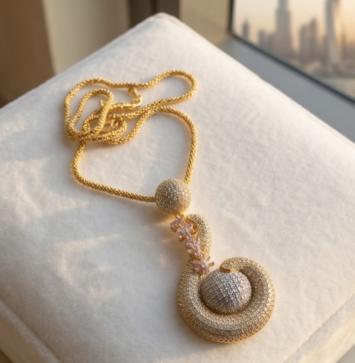 Dubai Style - Pure Luxury - pave 14.7 carat Moissanite .925 Sterling Silver dipped in 18K Gold handmade Statement necklace - Elegant gold necklace with pendant, displayed on a white cushion