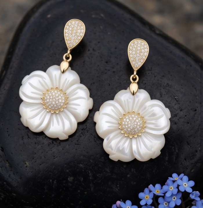BLOOMING FLOWERS Genuine Blister Pearl 0.2 CARAT lab grown Diamond 18K Gold over .925 Sterling Silver handcrafted Statement Earrings - Blooming flowers earrings front view on black stone backdrop
