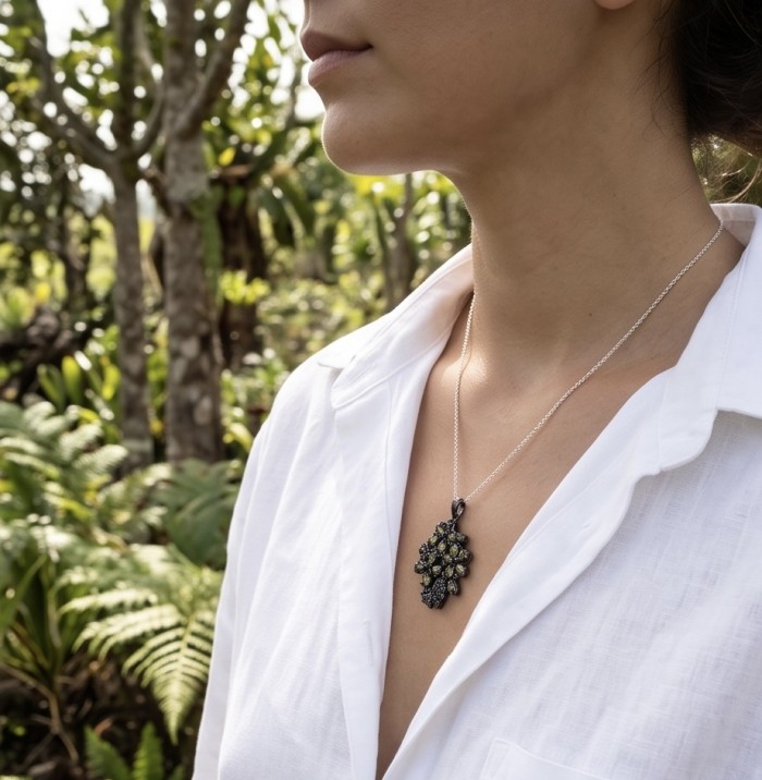 Mystery Rare 12.5 carat Grandidierite black rhodium over .925 Sterling Silver Handcrafted pendant - Necklace with Grandidierite pendant worn outdoors, side profile view